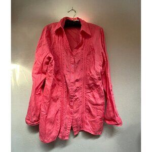 Ecologie Women's XL Button Down Long Sleeve Top Orange Linen Embroidered Blouse